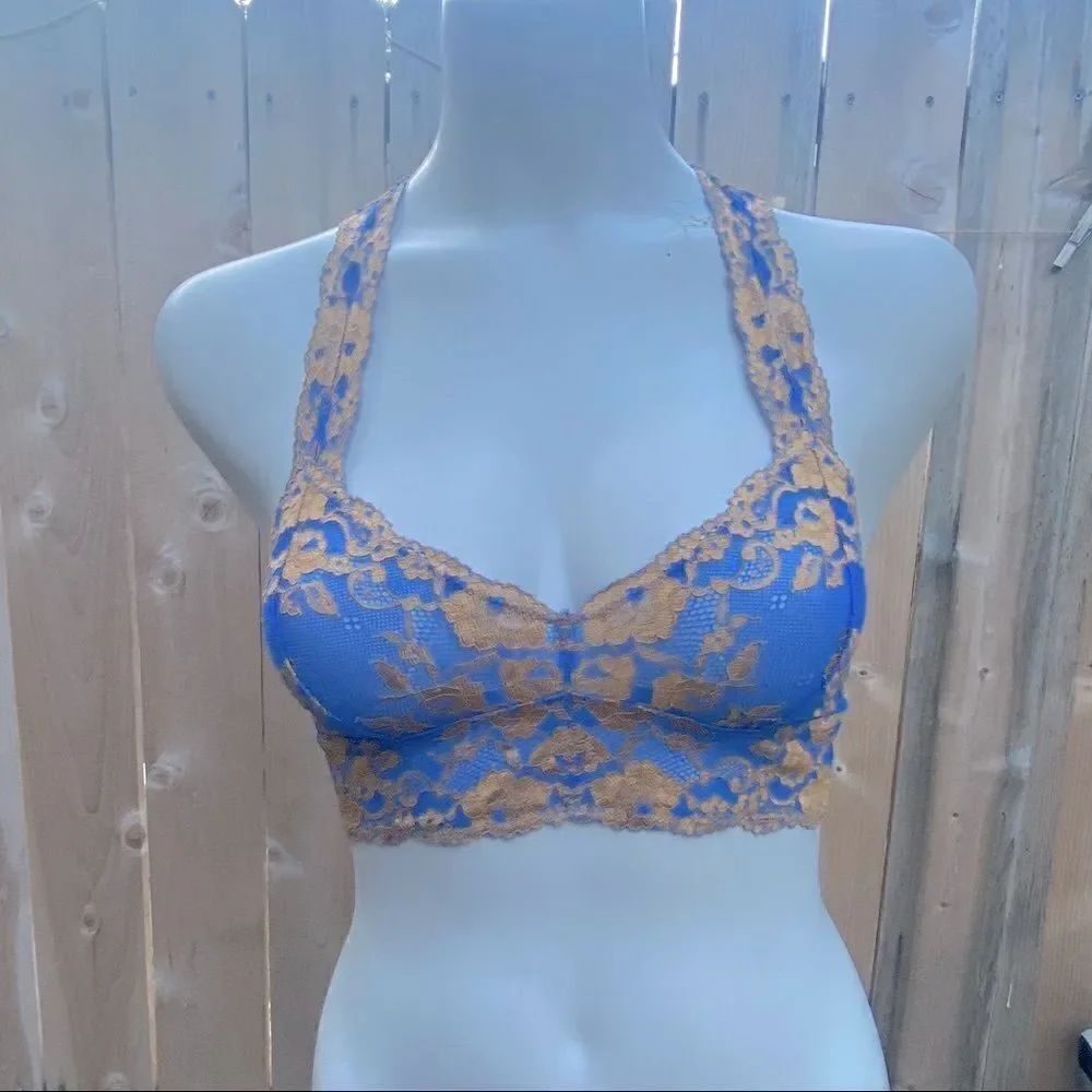Free People Wild Roses Racerback lace Bralette in Blue and Gold size XS